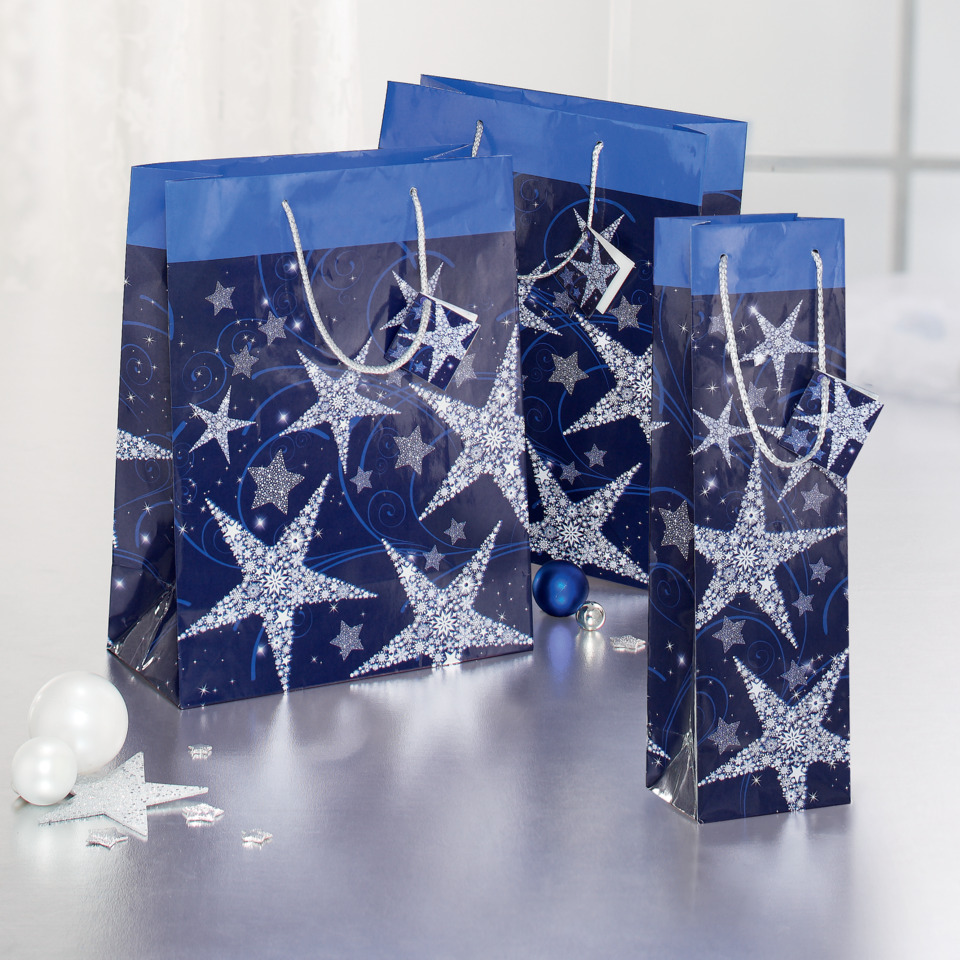 Geschenktüte, Weihnachtsdeko, Star-Design, Nachtblau, Glitzerstern