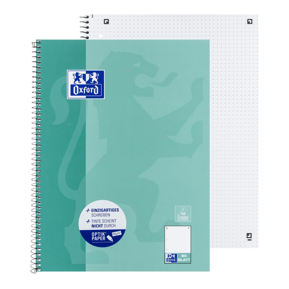 Notizbuch, Spiralbindung, Türkis, Oxford, Optik-Papier