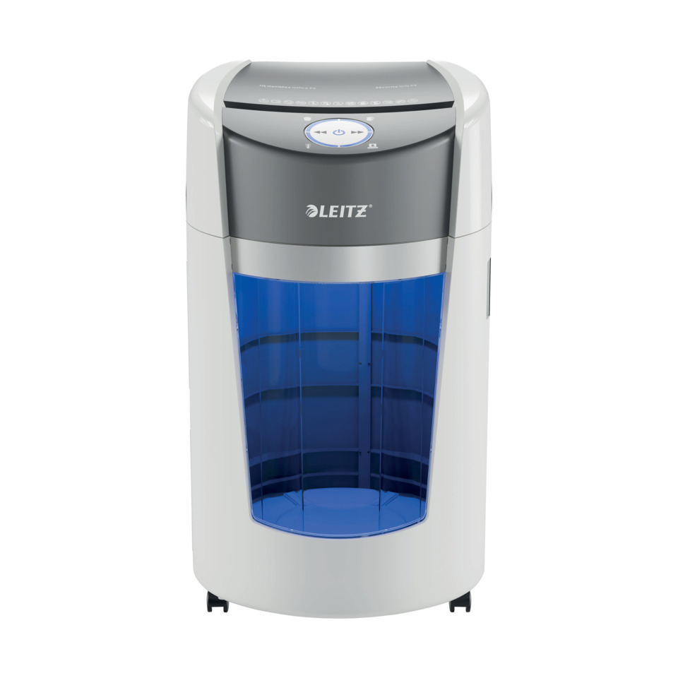 Wasserspender, blauer Tank, grauer Deckel, weißer Körper, Leitz Marke