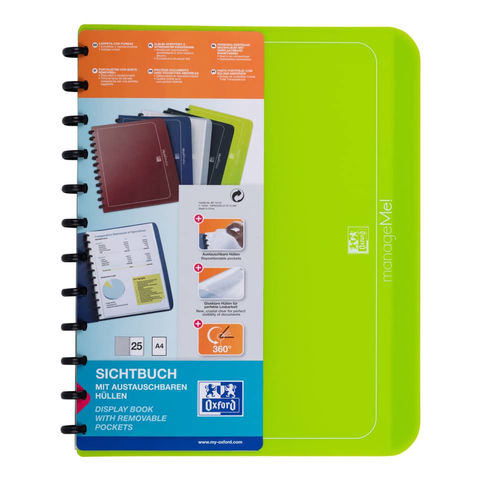Display book, A4 notebook, ring binder, removable pockets, green cover