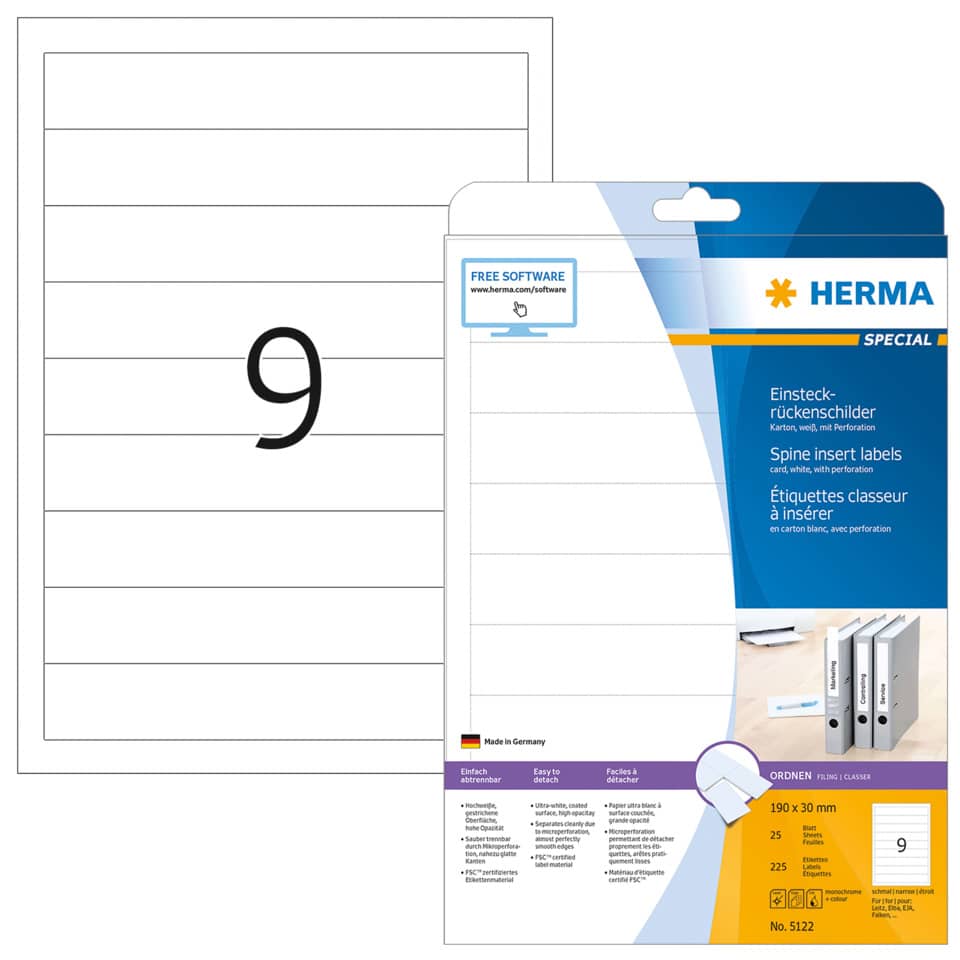 Spine labels, Label sheets, Cardboard packaging, Perforation, A4 label sheets