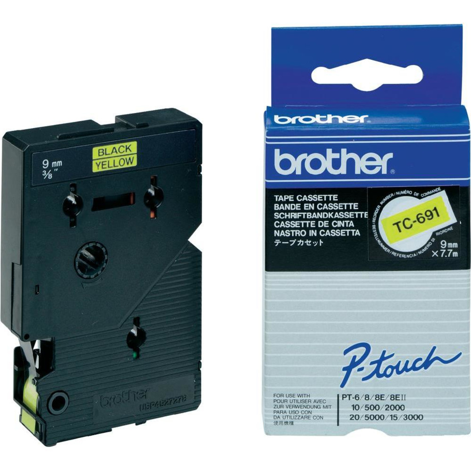 Tape cassette, 9 mm, schwarz gelb, PC-6/8/8E, P-touch