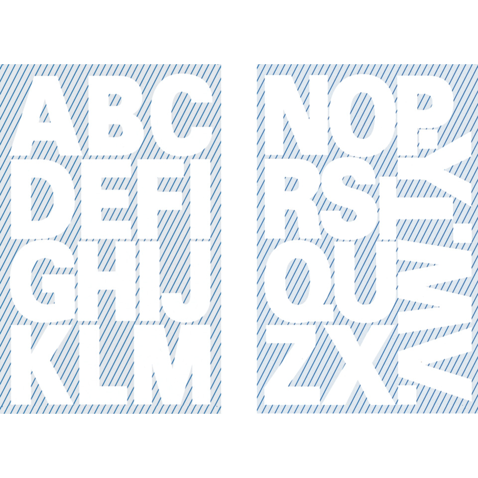 Alphabetbuchstaben, Buchstabenraster, blaue Streifen, weißer Text, geteilter Bereich
