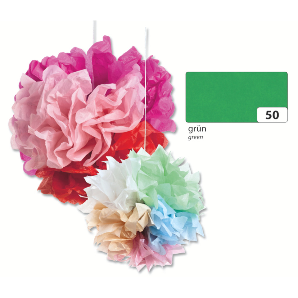 papierblumen, deko-rosen, bunte pom-poms, farbkarte grün, grün 50