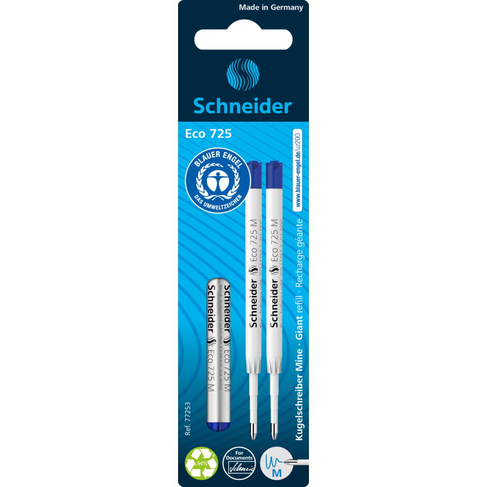 Kugelschreibermine Eco 725, dokumentenecht, M, blau, 2er Blisterkarte SCHNEIDER 50-77253