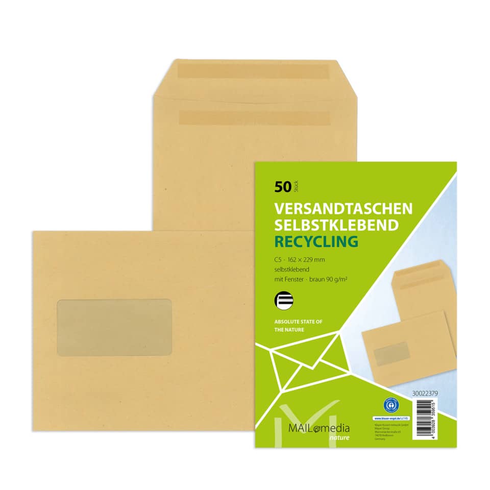 Briefumschläge, Selbstklebend, Recycling, Posttaschen, Fensterfalz