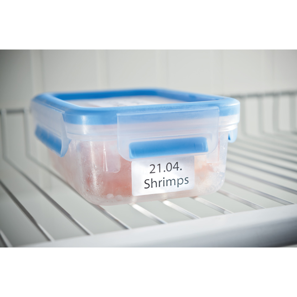 Shrimps, Gefrorene Garnelen, Lebensmittelaufbewahrung, Behälter, Beschriftet, Shrimps, Einfrieren, Behälter, Blauer Deckel, Beschriftet
