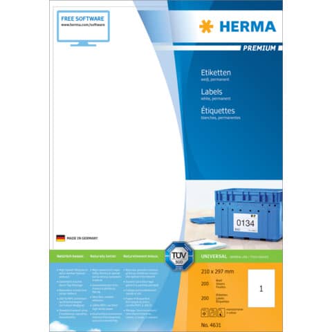 Etiketten Premium permanent, 297x210mm, 200 Stück, weiß HERMA 4631