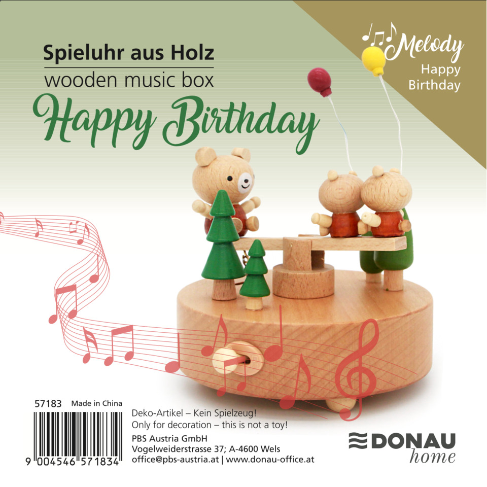 wooden, musical box, bear figure, tree, pink musical notes
