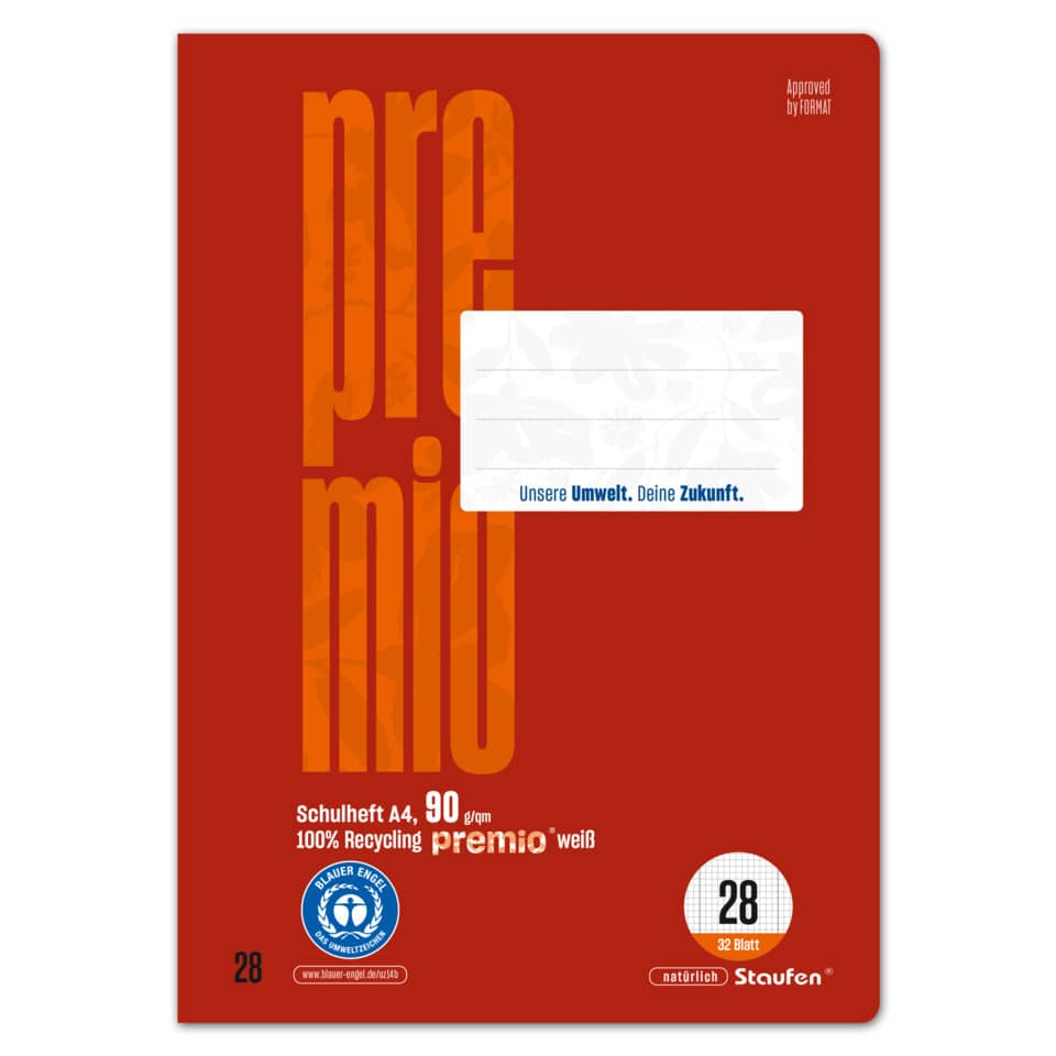 Schulheft Premio, A4, 90g/m², 32 Blatt, Lin.28, kariert mit Rand STAUFEN PREMIO 040784028