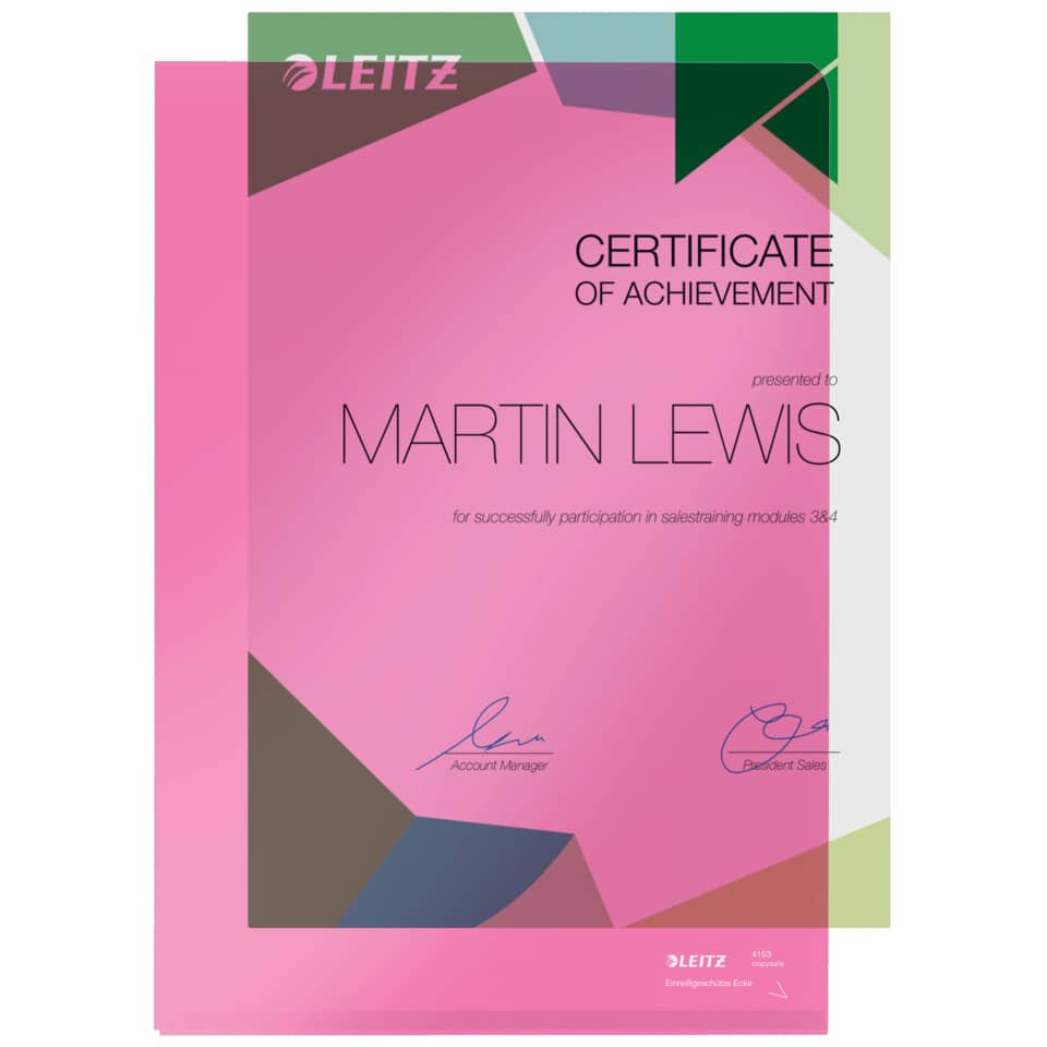 certificate, achievement, pink, document, leitz