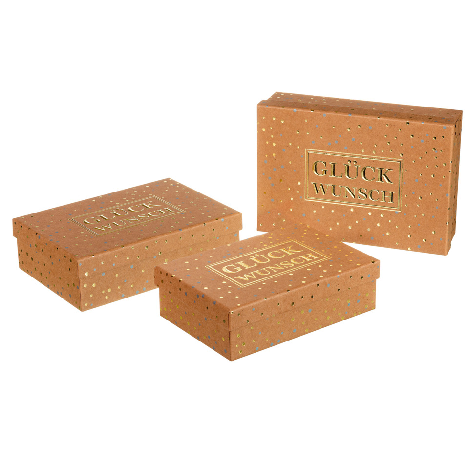 Geschenkboxen, Kraftpapier, Goldene Punkte, Glückwunsch-Aufdruck