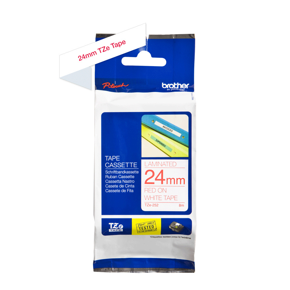 Tape, Kassette, Laminiert, 24mm, Red on white tape, Tape Cassette, 24mm Tape, Rot auf weißem Klebeband, Laminated, Tze-252