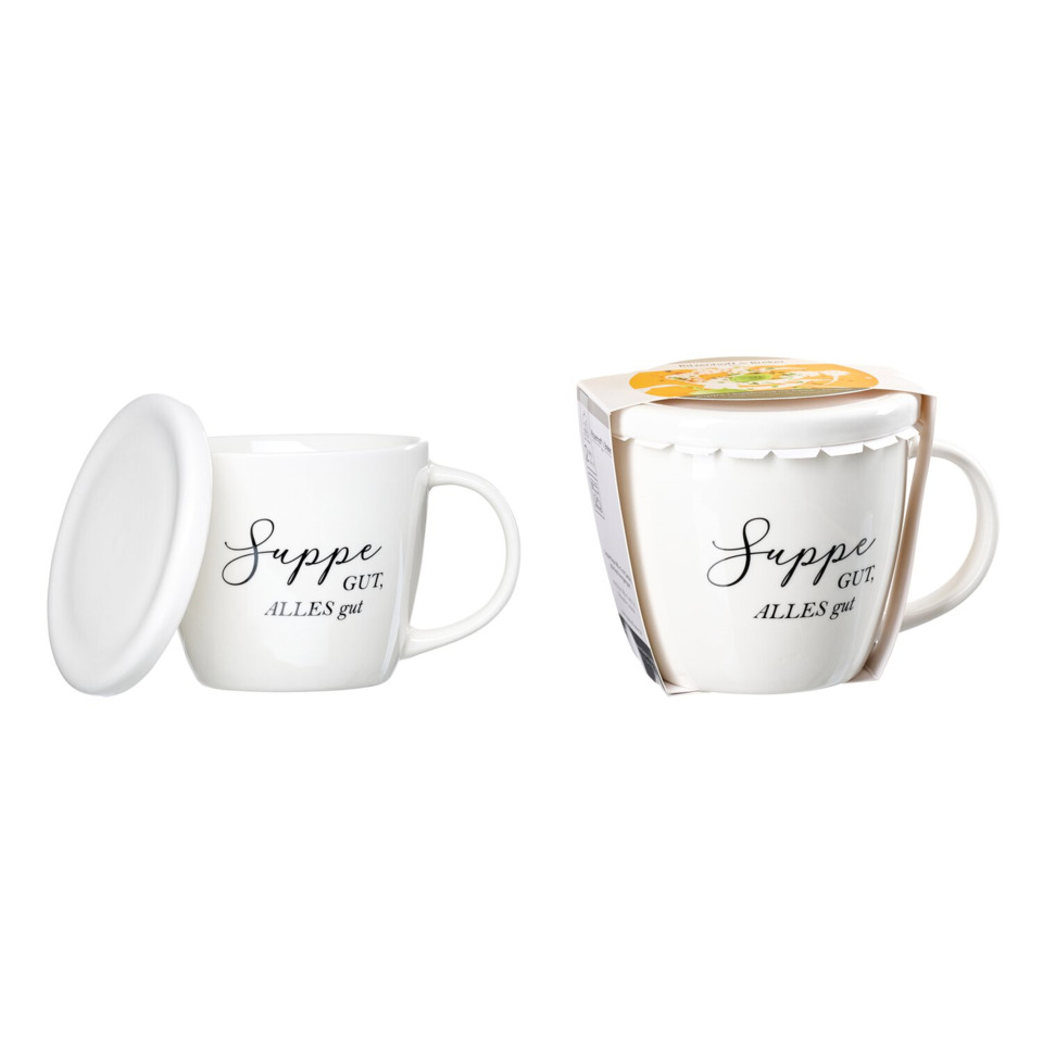  Becher,  weiß,  Keramik,  mit Deckel,  bedruckt text