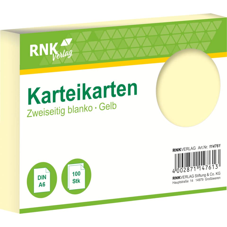 Karteikarten, Karteikartenpack, DIN A6, blanko, gelb