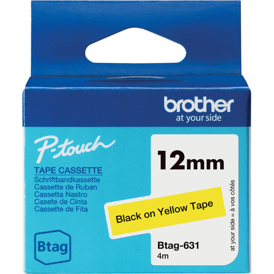 Klebebandkassette, 12mm, Schwarz auf Gelb, Btag-631, 4m