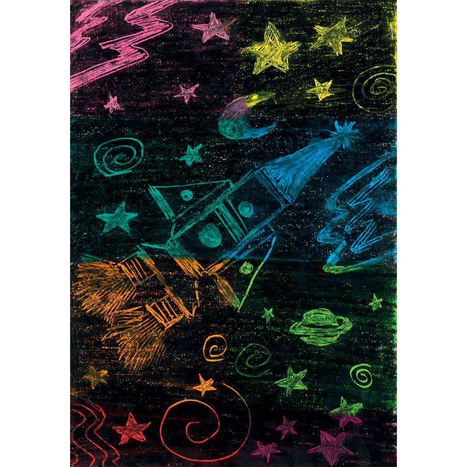 kreidezeichnung, weltraum, rakete, sternensymbol, farbenfroher piece