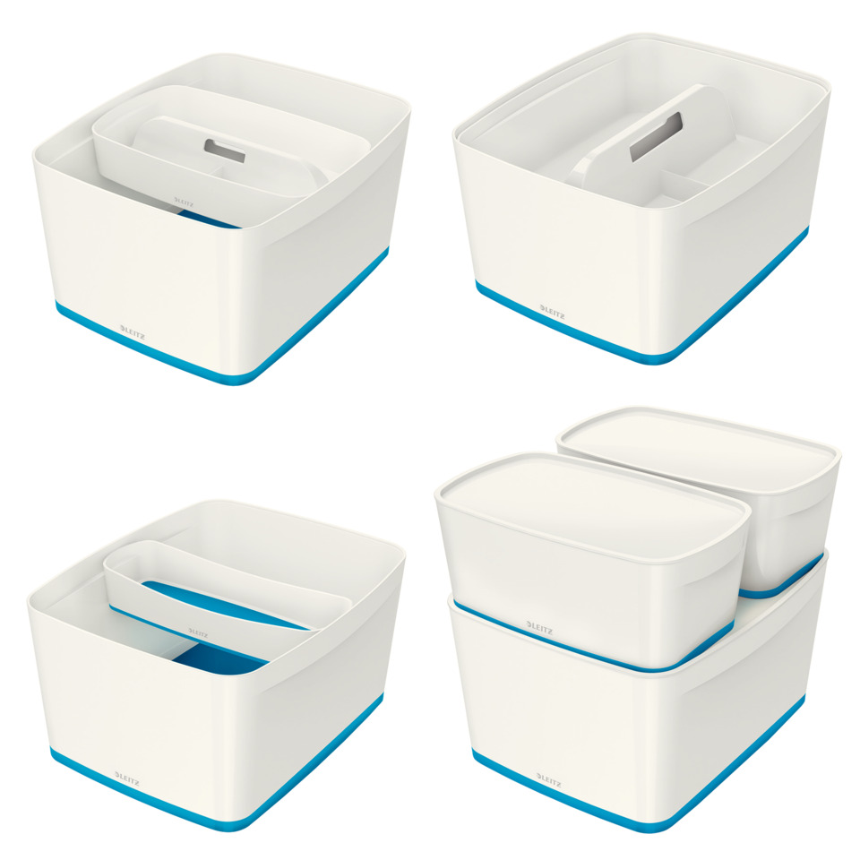 Aufbewahrungsbox, Aufbewahrung, Kunststoffbox, weiße Box, blauer Rand, organizer, storage bin, modular, white, blue trim