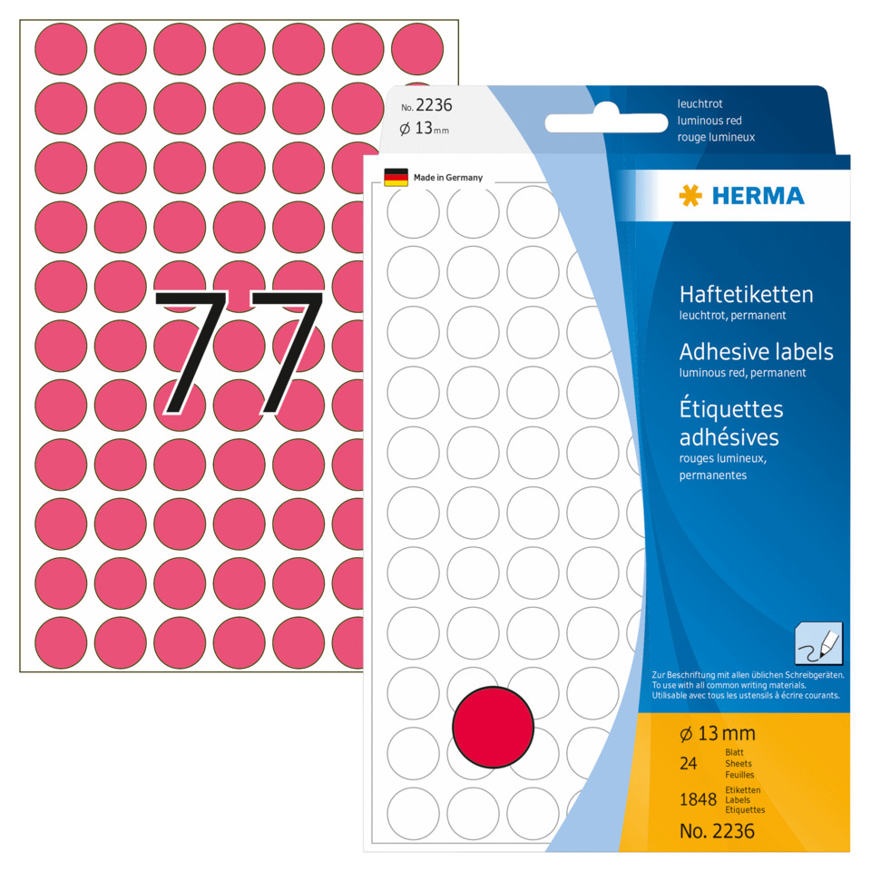 Klebeetiketten, Punktaufkleber, leuchtendes Rot, 13 mm, Packung mit 24