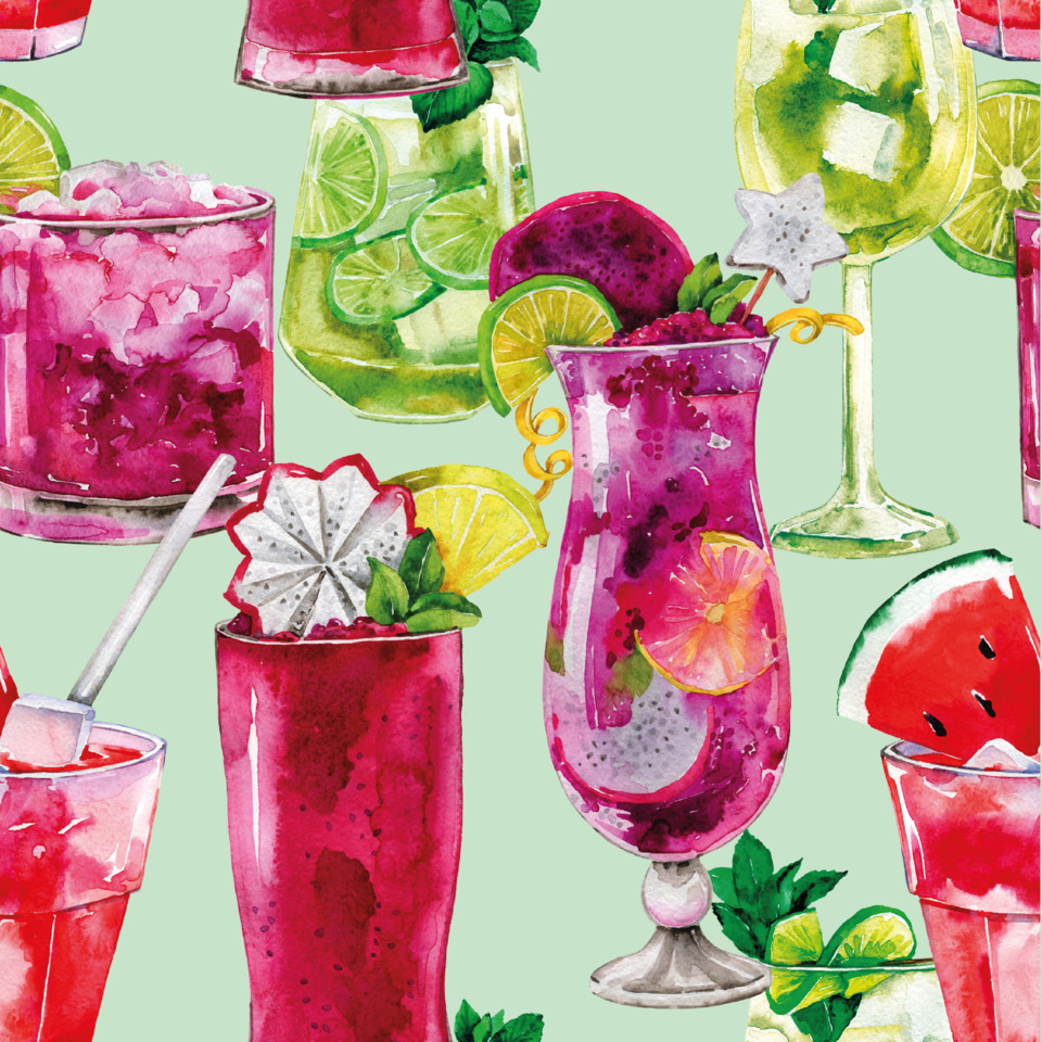 cocktail, drinks, glasses, fruit, watercolor