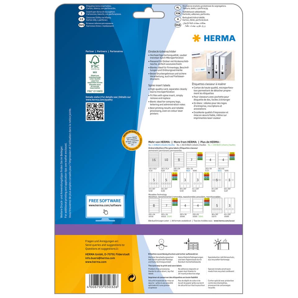 Etikettenkarton, Kartenzubehör, Spinneinleger, Drucklabel, Herma-Logo