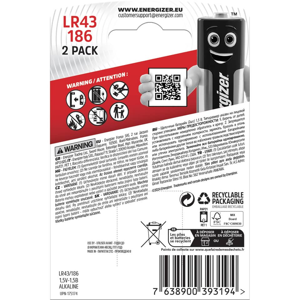 AA alkaline, LR43 186, 2 pack, button cell, batteries