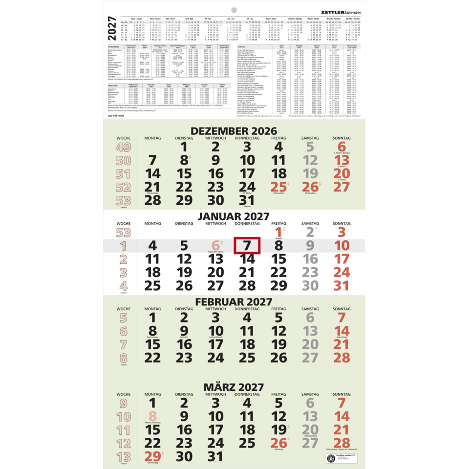 Kalender, Monatskalender, Jahr 2027, Dezember 2026, Januar 2027