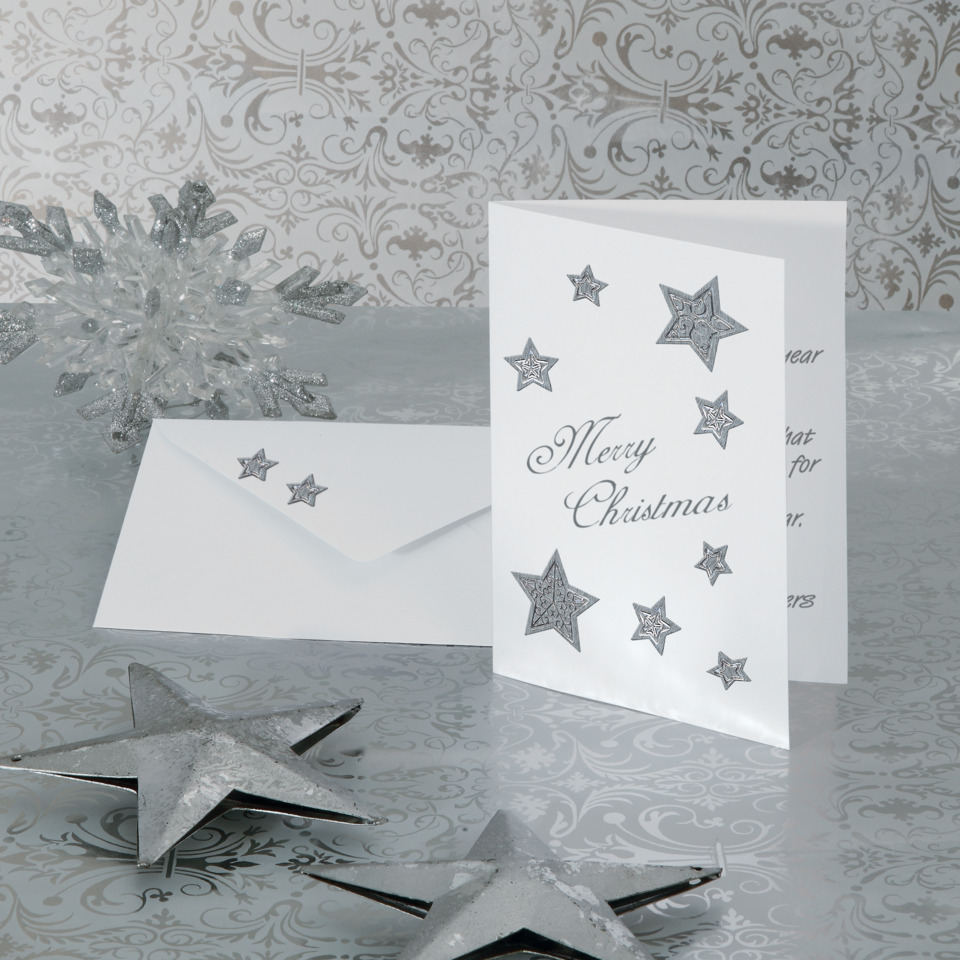 weihnachtskarte, stern, silber, grusskarte, umschlag