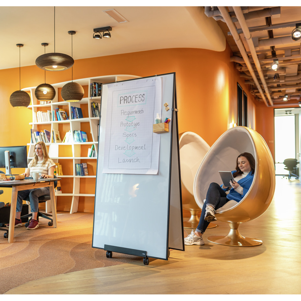co-working, lounge, whiteboard, bookcase, orange interior