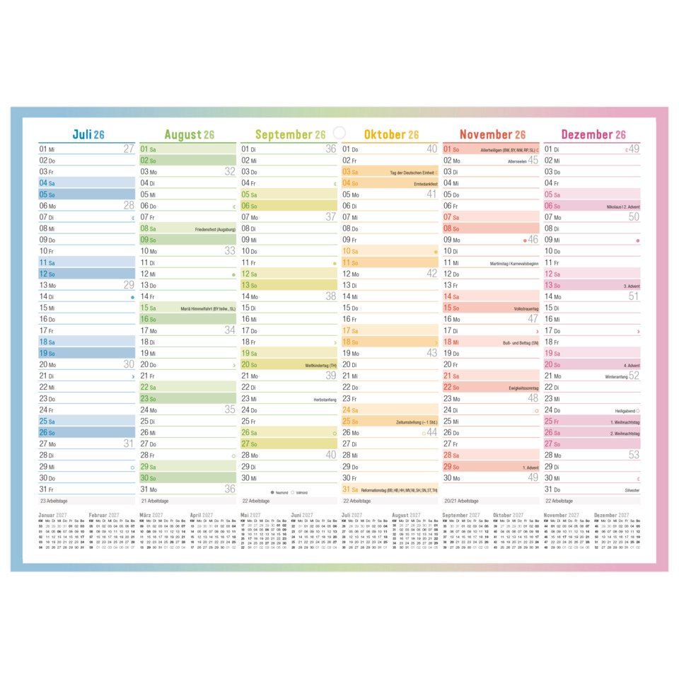 Kalender, Monatskalender, Jahreskalender, August 26, Mehrfarbig