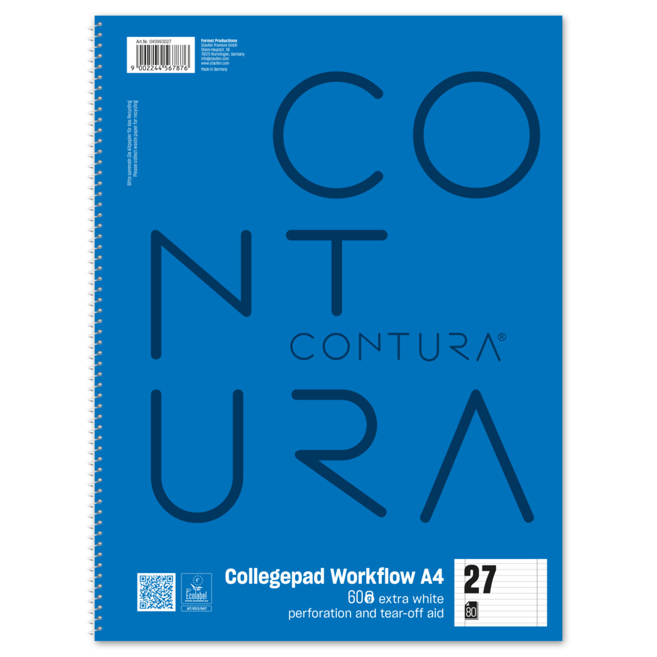 notebook, A4, spiral binding, blue cover, perforation tear-off aid