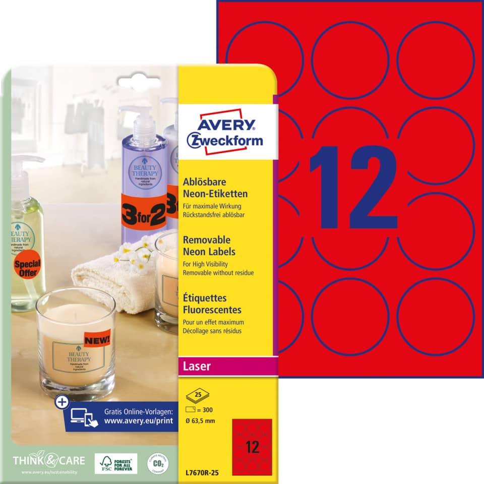 Neonetiketten, Laseretiketten, Auslöseretiketten, Permanentlabels, Avery 12er Packung