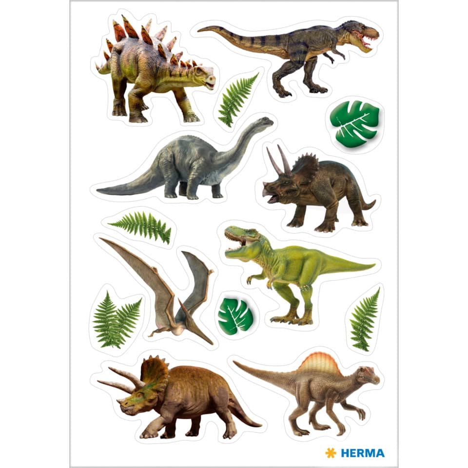 Dinosaurier, Stegosaurus, Tyrannosaurus, Triceratops, Pflanzenblatt