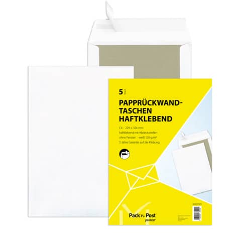 Papprückwandtasche, C4, 120g/m², Haftklebend, 5 Stück, weiß MAILMEDIA 30002505
