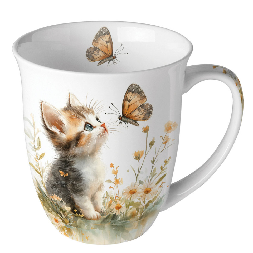 Kaffeetasse, Katze, Schmetterling, Blumenmuster, Porzellan