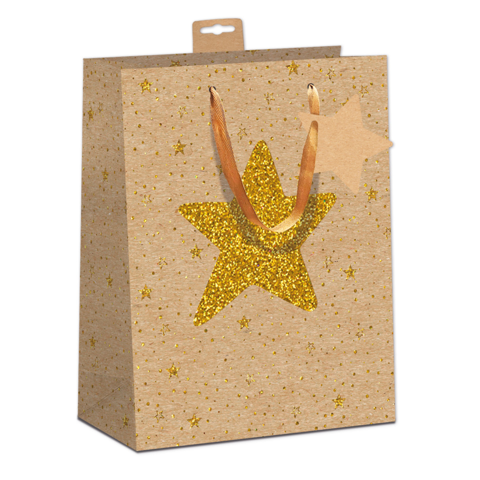 Geschenktasche, Sternenmuster, Gold, Papiertragetasche, Glitzerstern