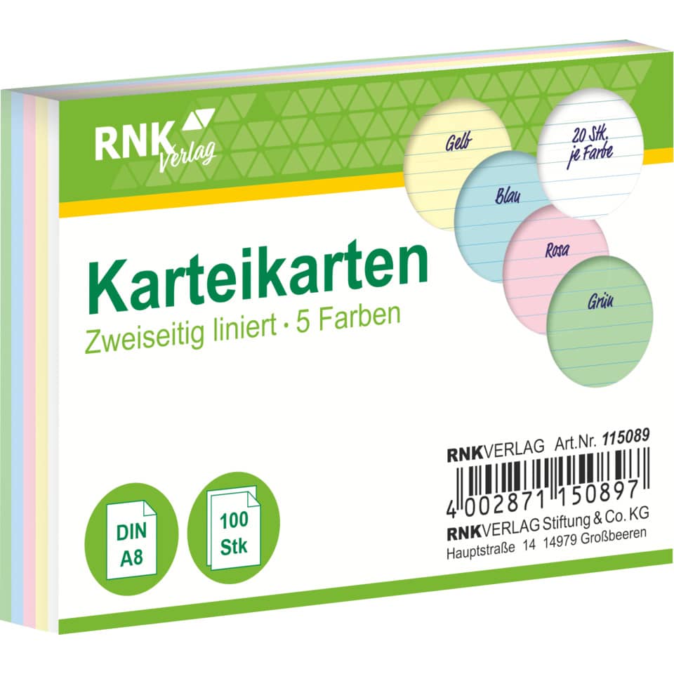 Karten, Karteikarten, DIN A8, 5 Farben, Notizkarten