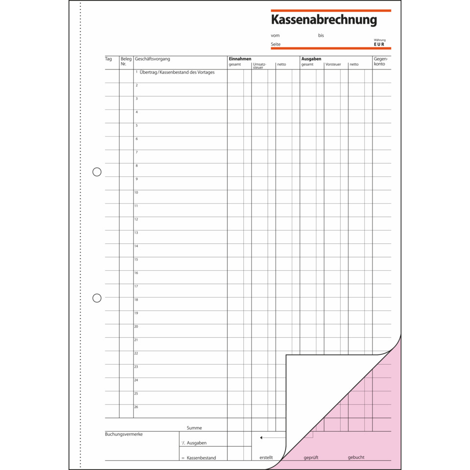 Kassenbeleg, Kassenbuch, Buchhaltung, Kassenführung, Deckblatt pink