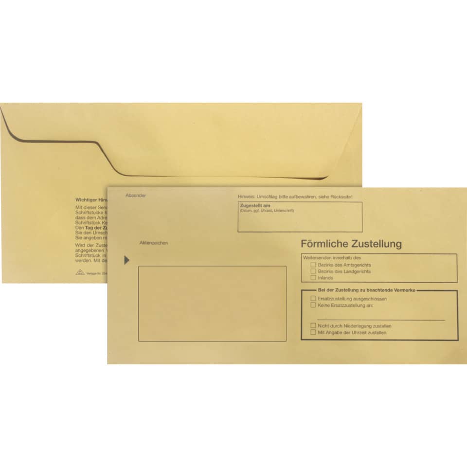 Zustellung, Formulliche Zustellung, Umschlage, Belegumschlag, Brieftasche?