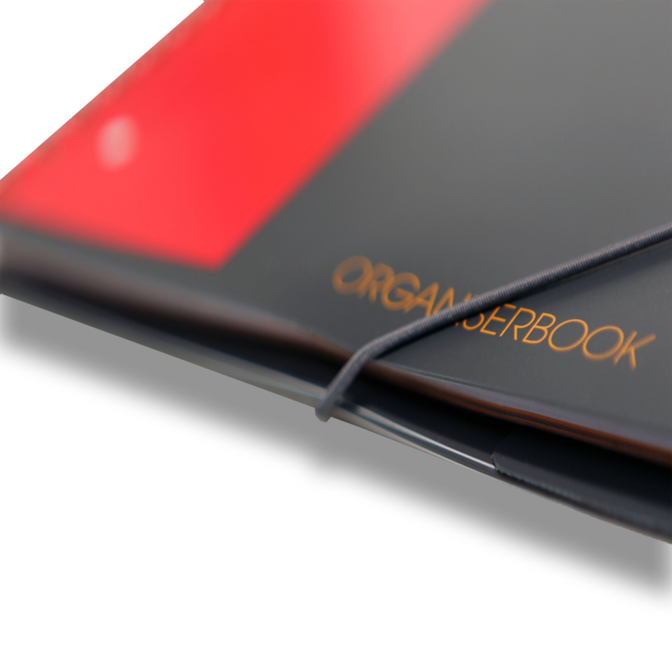 notebook, red accent, hardcover, elastic band, orange text, Notebook, Organizer, Gummiband, Rot, Grau