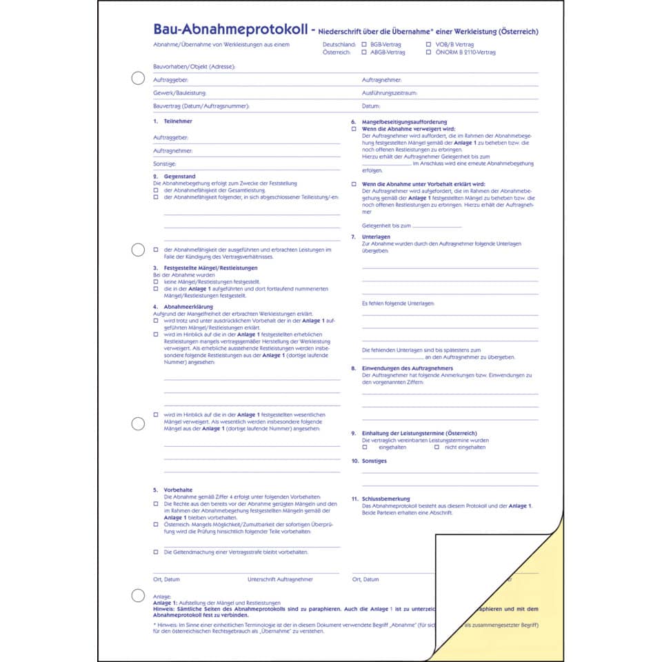A4-Formular, Baudokument, Abnahmeprotokoll, Vertrag, Formular