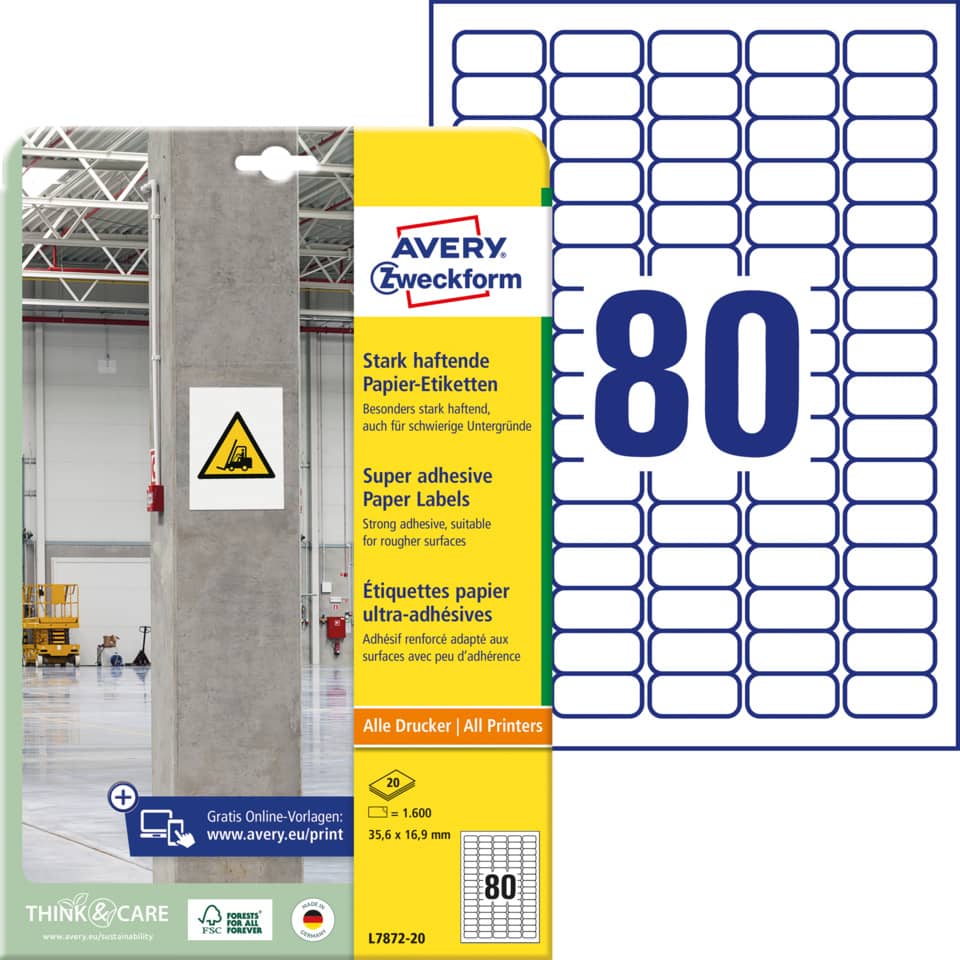 Papieretiketten, Klebeblatt, 80er Größe, All printers, Super adhesive labels
