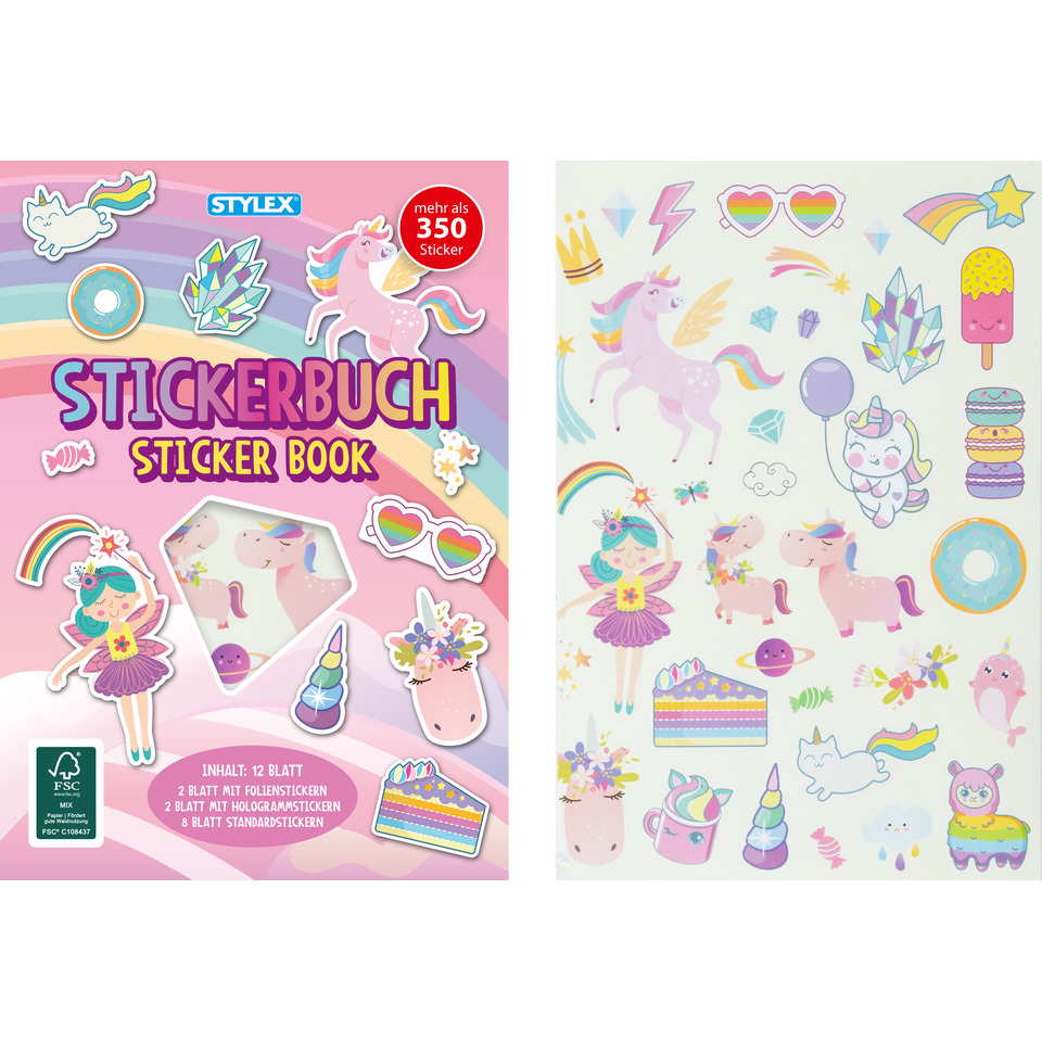 Stickerbuch, Einhorn, Pastell, helle Farben, Schimmeraufkleber