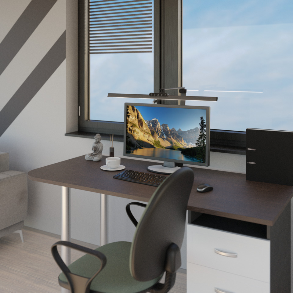 Schreibtisch, Monitor, Bürostuhl, Computerzubehör, Kaffee-Tasse