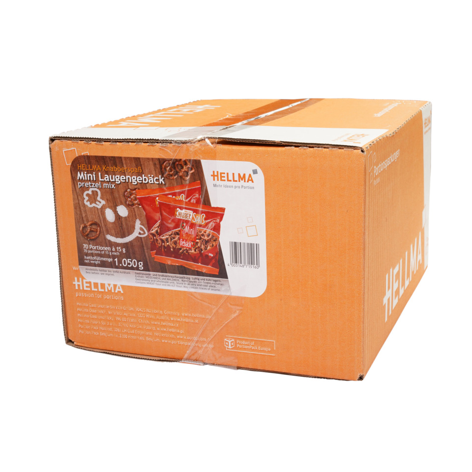 Pretzel mix, Mini snack, Verpackung Box, Orangenbox, Helma