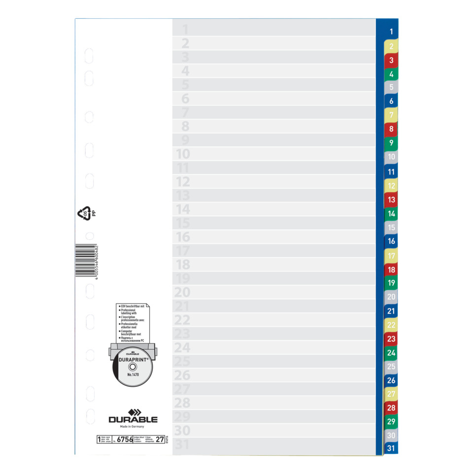 DIN A4, Notizblock, Seitenraster, linierte Seiten, Klemmbinder, Klemmbrett-Register, A4-Register, Beschriftungsraster, Farbliche Reiter, Durable-Produkt