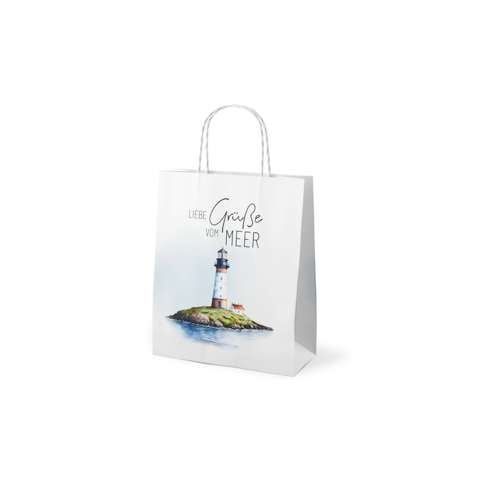  shopping bag, weiße tasche, leuchtturm bild, meer island, geschenktüte