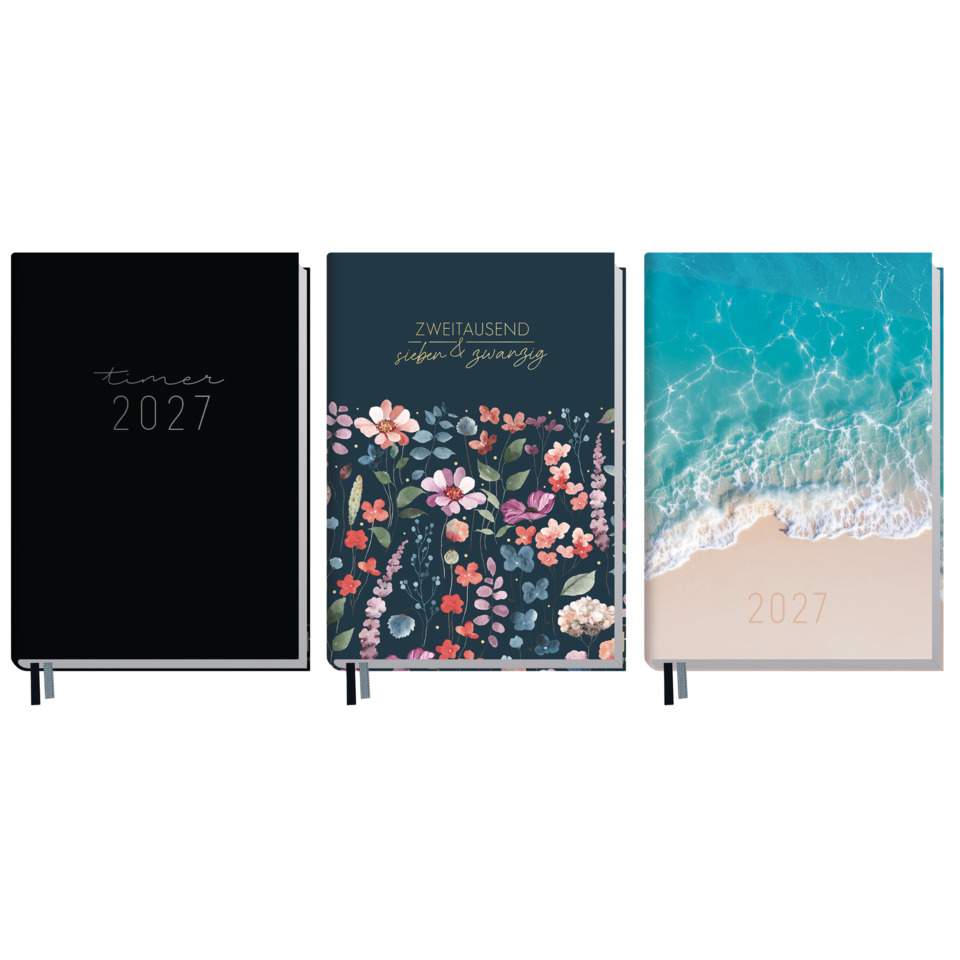 notizbuch, termine 2027, blumenmuster, strandmotif, kalender 2027