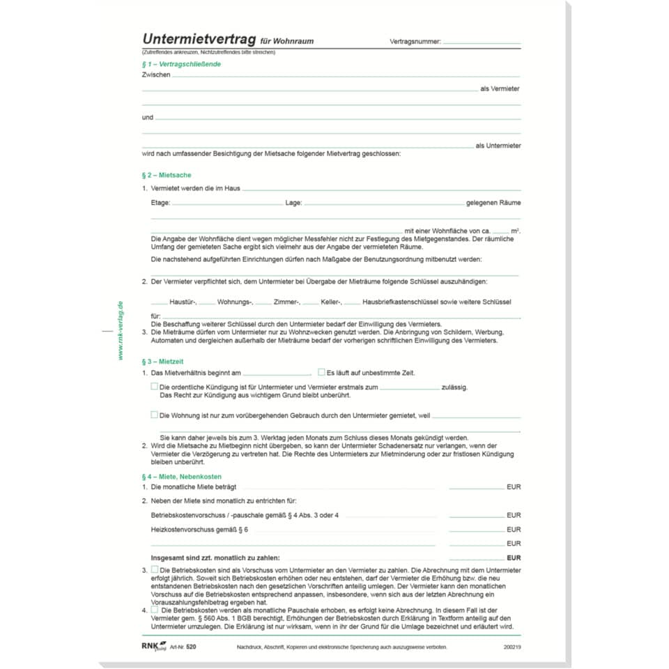 Mietvertrag, Wohnraum, Untermiete, Mietkaution, Schlüsselübergabe