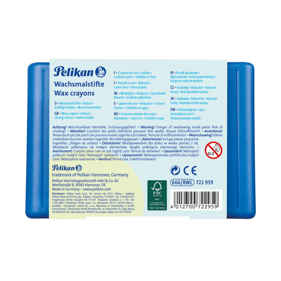  Wachsmalstifte, Crayon-Etui, blauer Behälter, bunt, Gruppe von Wachsmalstiften